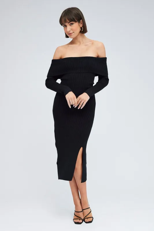 Black Midi Dress Long Sleeve Off Shoulder Bardot Knit sold by Ally Fashion