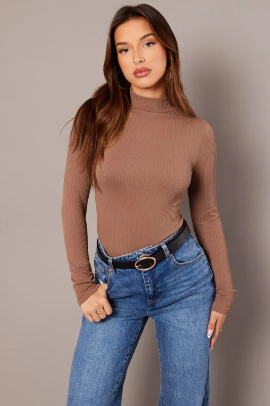 Brown Seamless Top Long Sleeve High Neck Longline sold by Ally Fashion