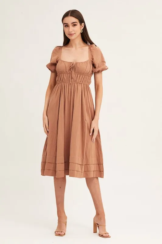 Brown Short Sleeve Ruched Midi Dress sold by Ally Fashion