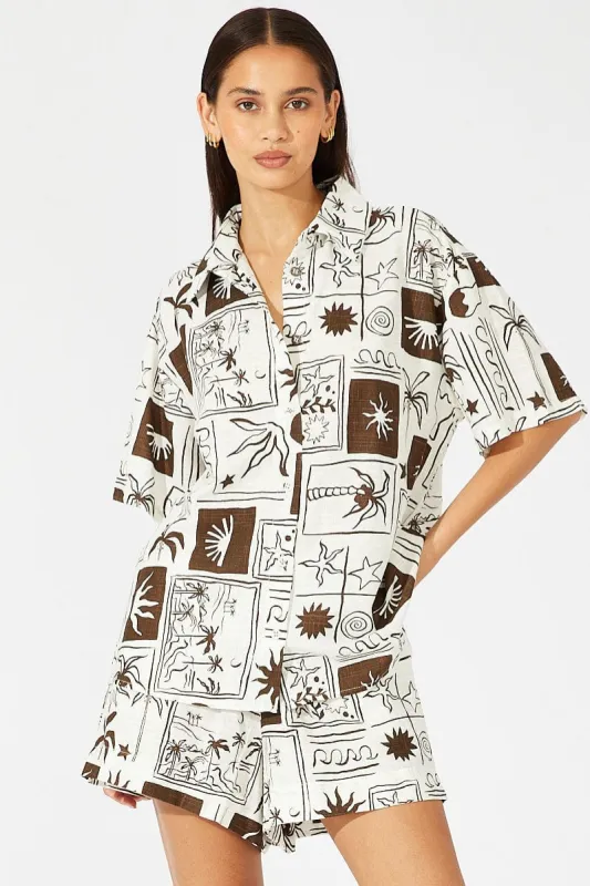 Brown Abstract Linen Shirt Short Sleeve sold by Ally Fashion