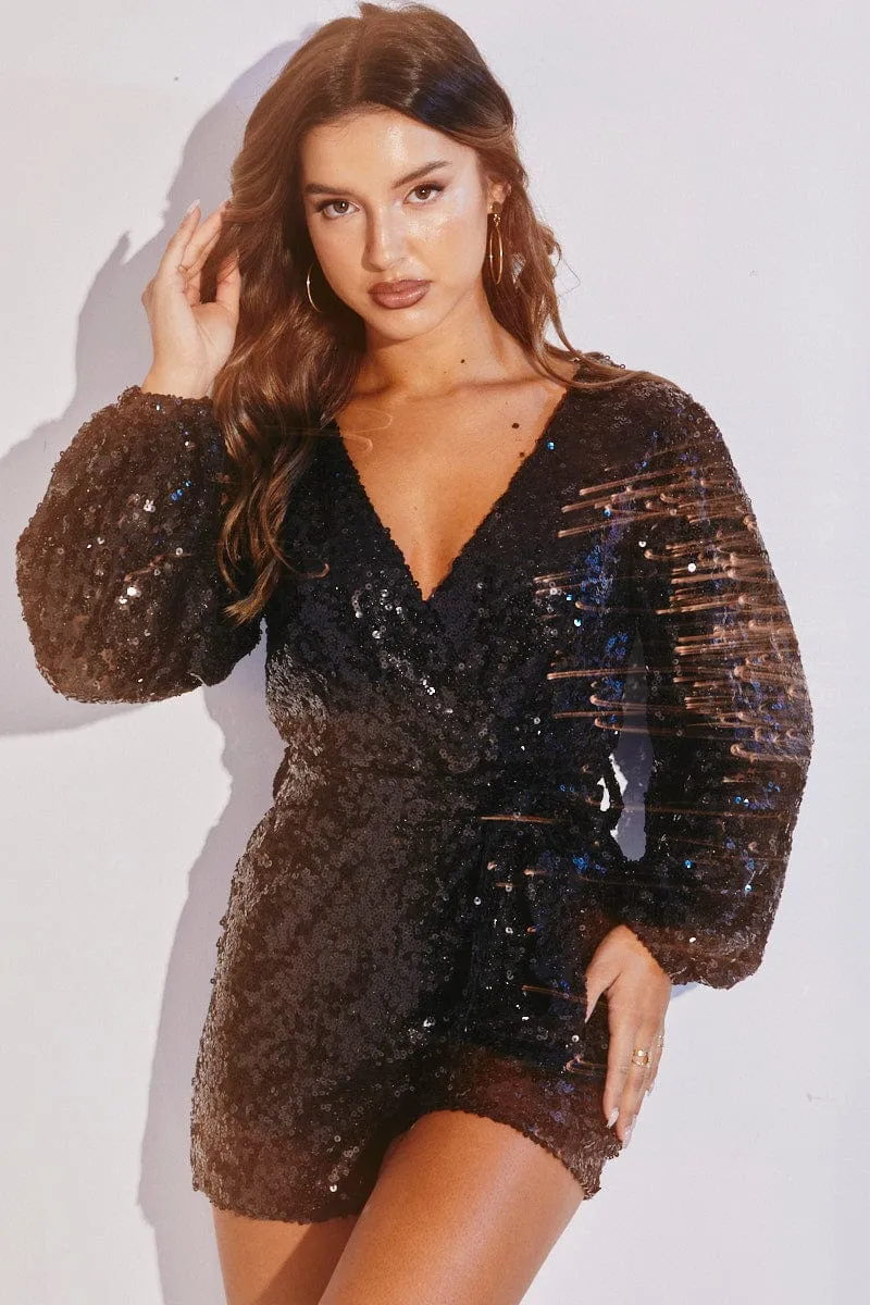 Black Sequin Playsuit Long Sleeve V Neck Mesh sold by Ally Fashion product image thumbnail 3