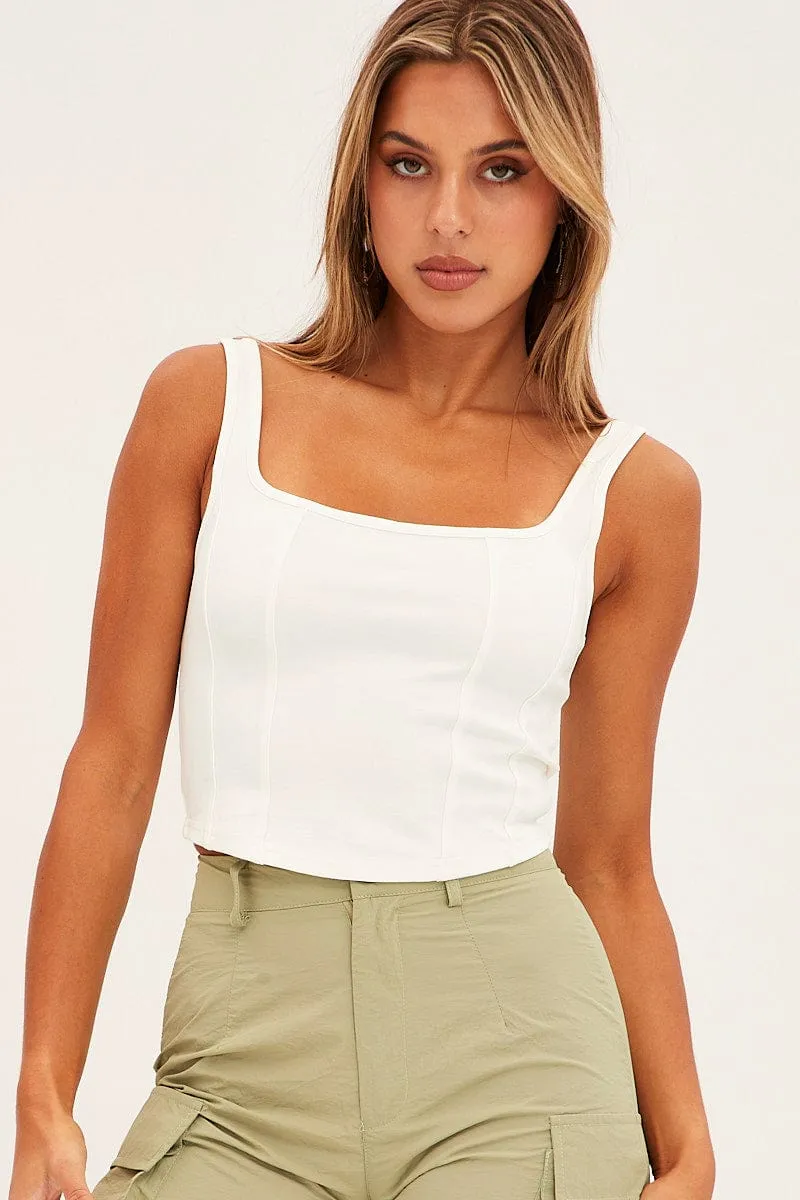 White Corset Tank Sleeveless Square Neck Crop Curved Hem sold by Ally Fashion