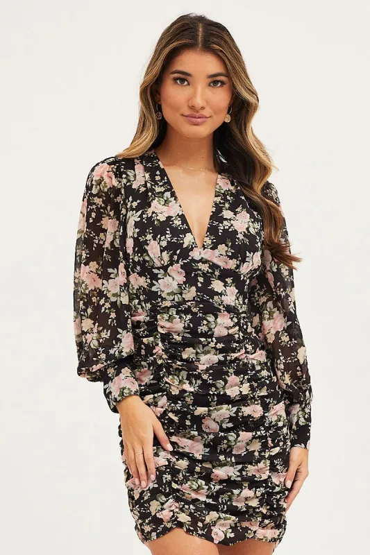 Print Dress Long Sleeve Mini Ruched sold by Ally Fashion