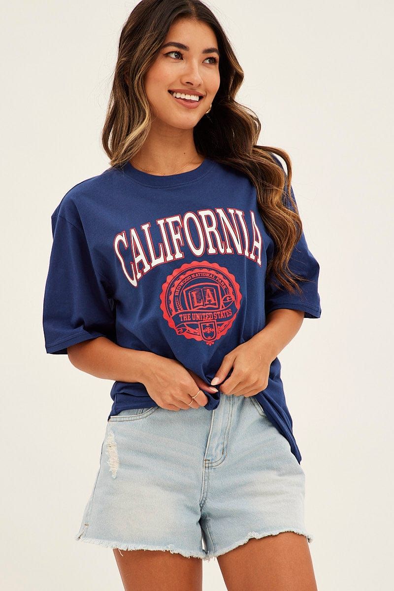 Blue Graphic T-Shirt Crew Neck Short Sleeve Oversized sold by Ally Fashion
