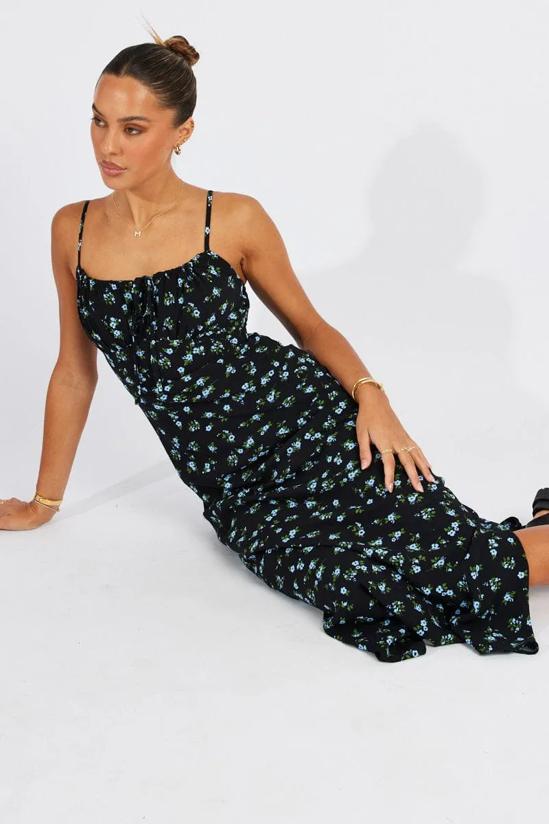 Black Floral Midi Dress Gathering Bust Sleeveless sold by Ally Fashion