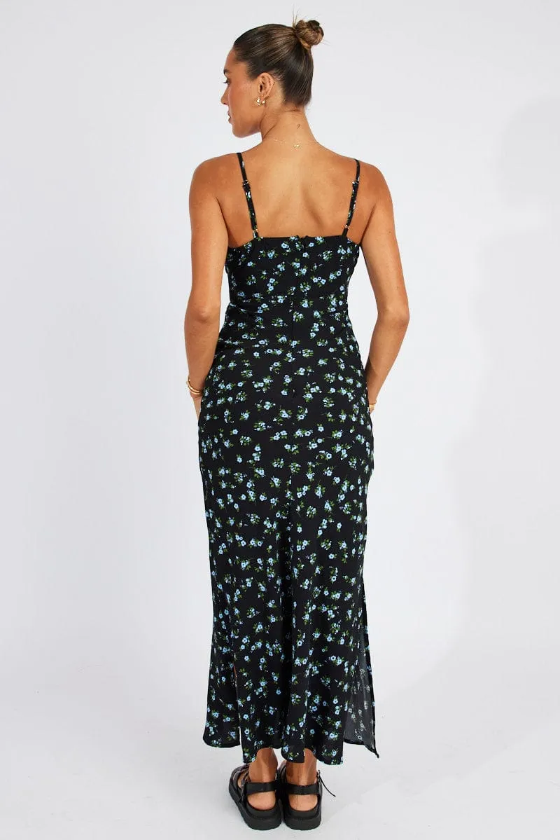 Black Floral Midi Dress Gathering Bust Sleeveless sold by Ally Fashion product image thumbnail 5