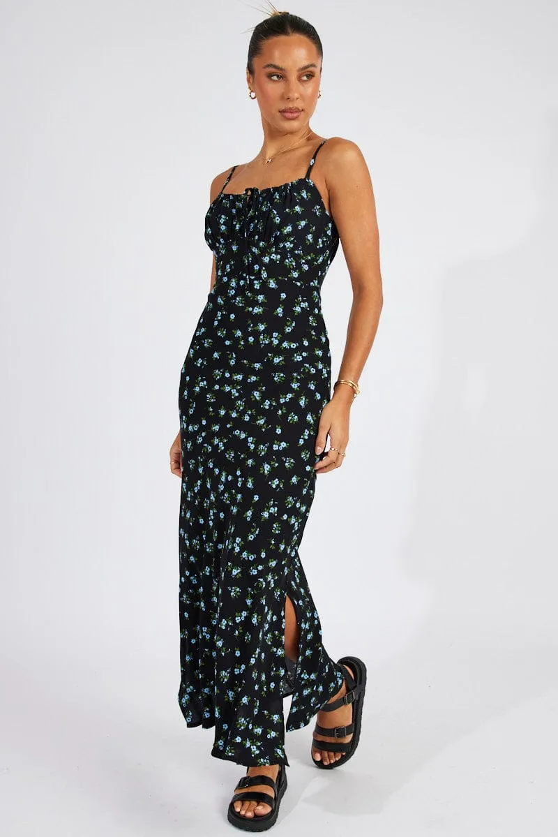 Black Floral Midi Dress Gathering Bust Sleeveless sold by Ally Fashion product image thumbnail 2