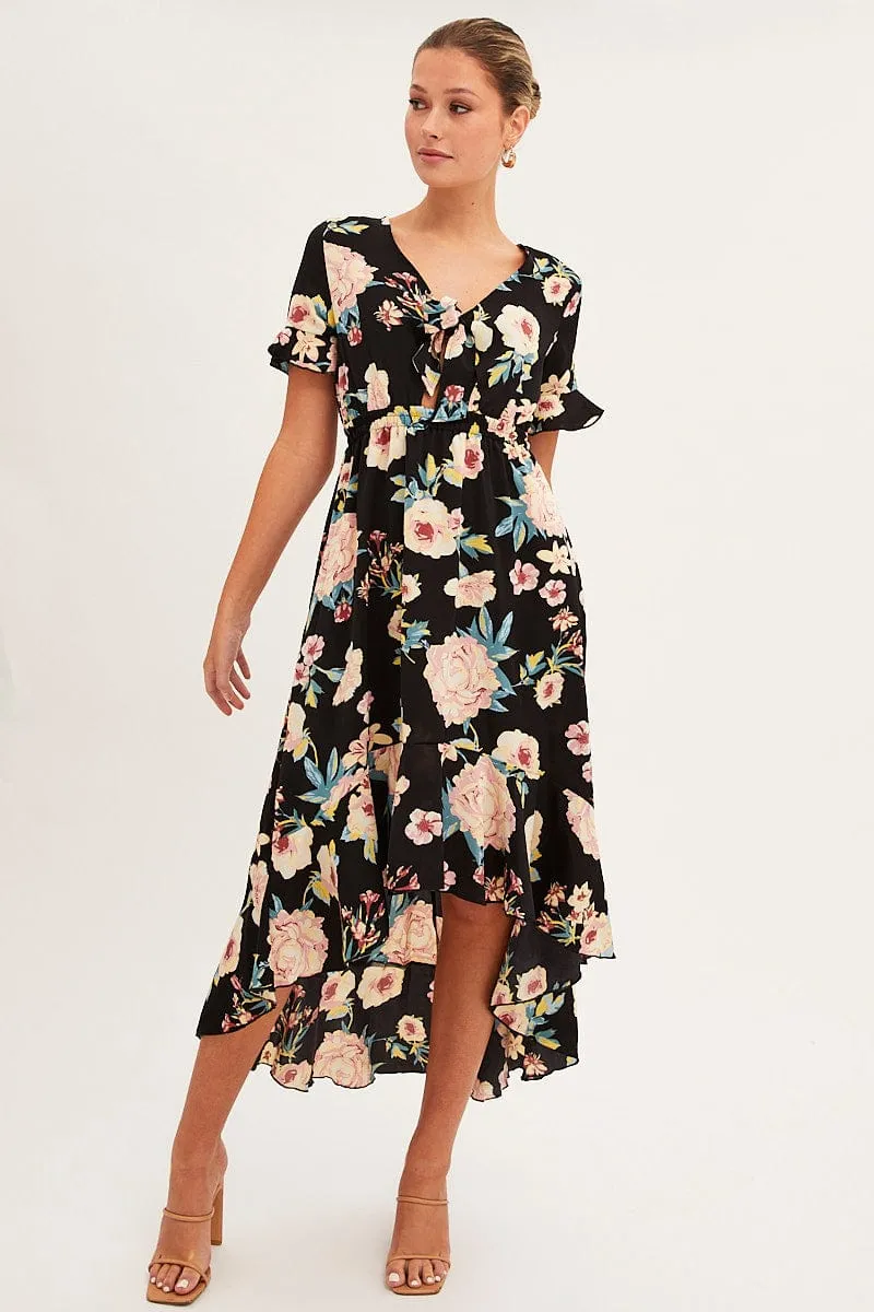 Black Floral Tie Front Floral Midi Dress sold by Ally Fashion product image thumbnail 3