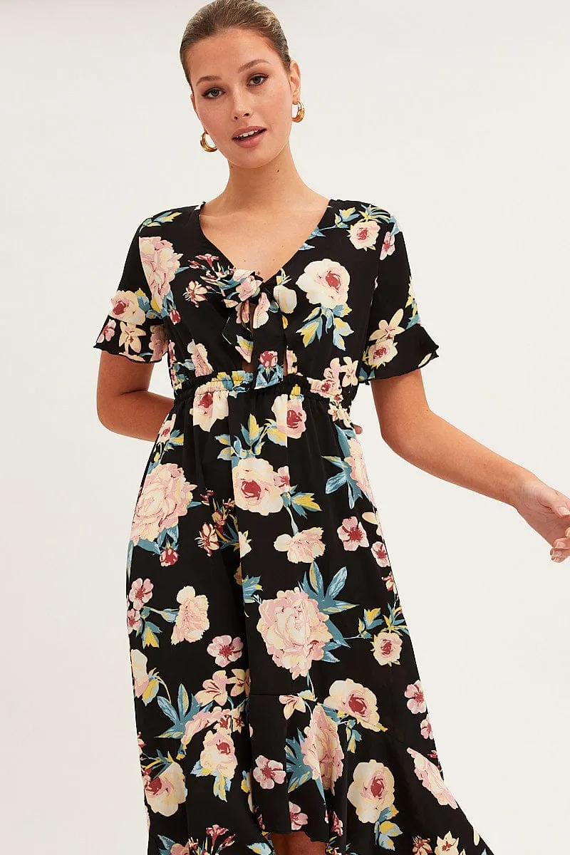 Black Floral Tie Front Floral Midi Dress sold by Ally Fashion product image thumbnail 2