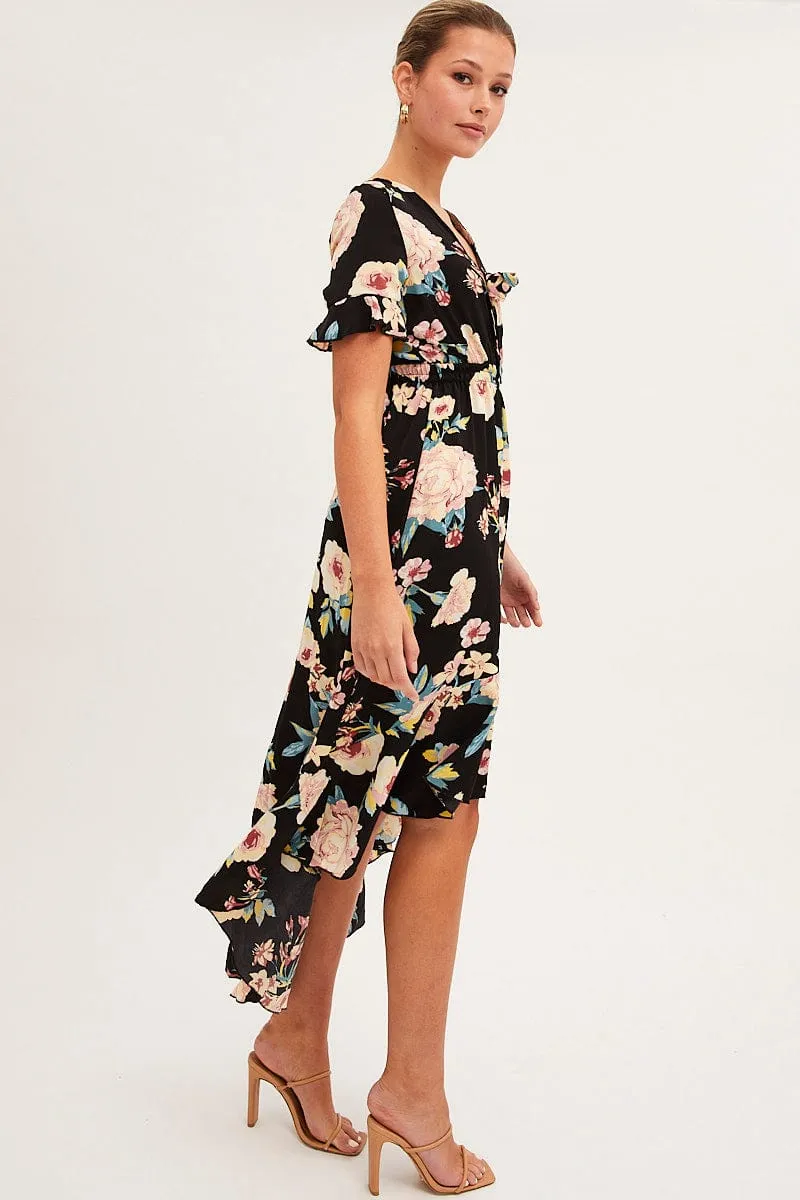 Black Floral Tie Front Floral Midi Dress sold by Ally Fashion product image thumbnail 4