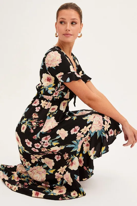 Black Floral Tie Front Floral Midi Dress sold by Ally Fashion