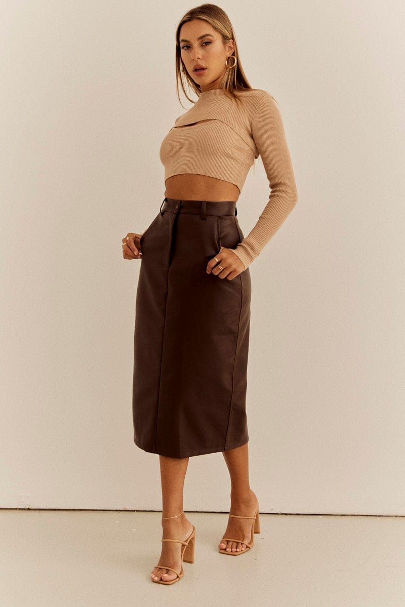 Brown PU Midi Skirt High Rise Pencil Faux Leather sold by Ally Fashion product image thumbnail 3