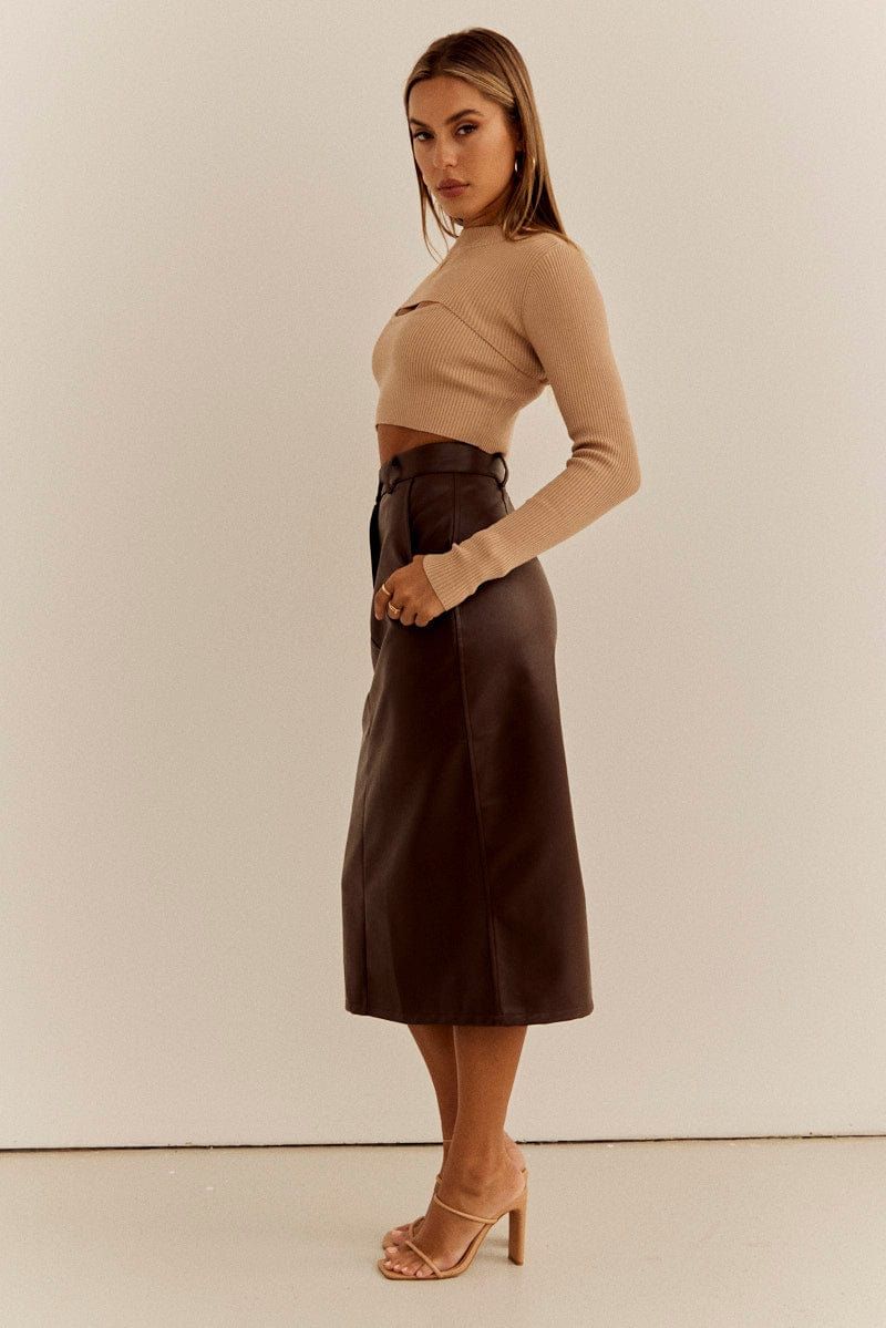 Brown PU Midi Skirt High Rise Pencil Faux Leather sold by Ally Fashion product image thumbnail 4
