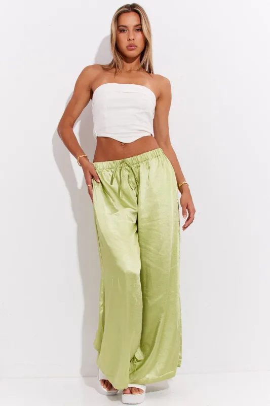 Green Pant High Elastic Waist Tie Front Wide Leg Satin sold by Ally Fashion
