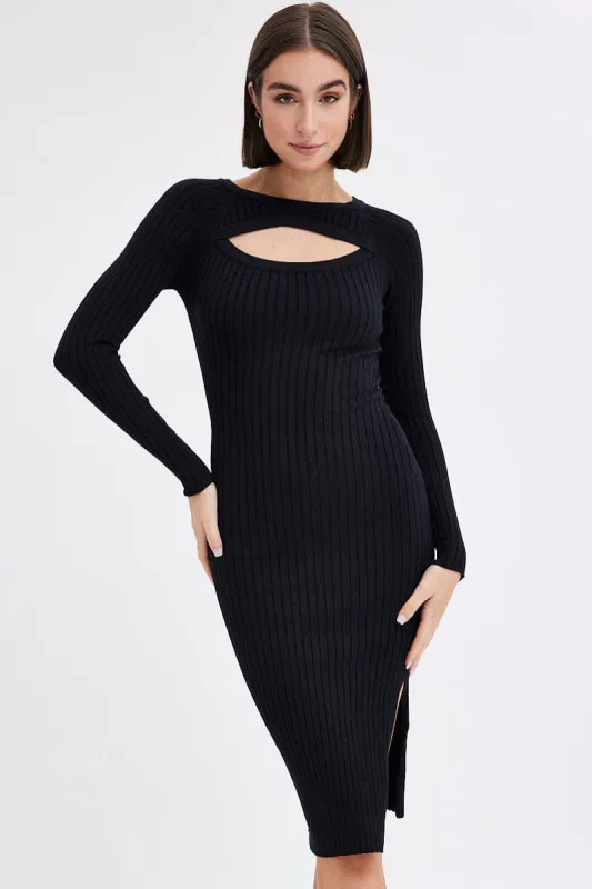 Black Midi Dress Long Sleeve Round Neck Keyhole Rib Knit sold by Ally Fashion