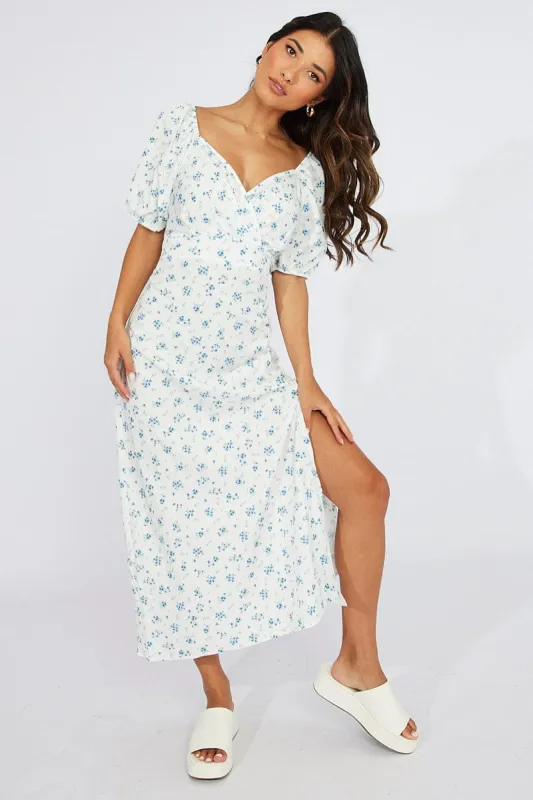 White Floral Midi Dress Puff Sleeve sold by Ally Fashion