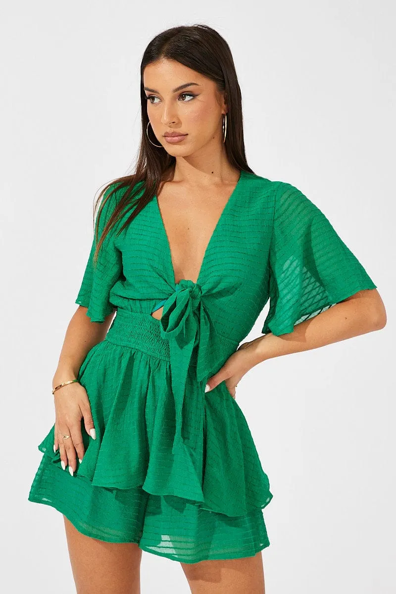 Green Playsuit Tie Front Wing Sleeve sold by Ally Fashion