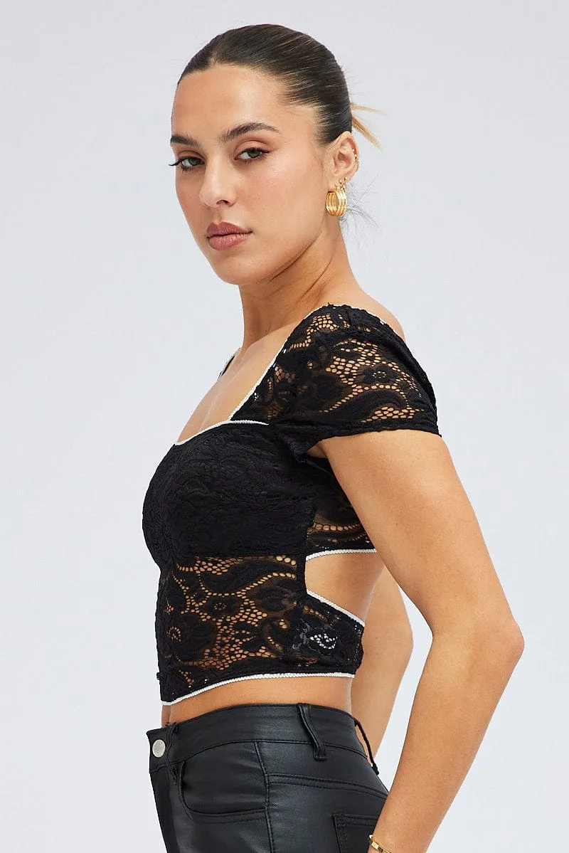 Black Lace Top Cap Sleeve Square Neck Open Back Stretch sold by Ally Fashion product image thumbnail 4