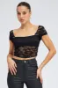 Black Lace Top Cap Sleeve Square Neck Open Back Stretch sold by Ally Fashion