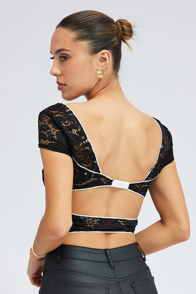 Black Lace Top Cap Sleeve Square Neck Open Back Stretch sold by Ally Fashion product image thumbnail 5