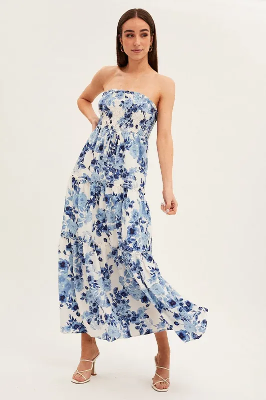 Blue Floral Maxi Dress Shirred Bust Strapless sold by Ally Fashion