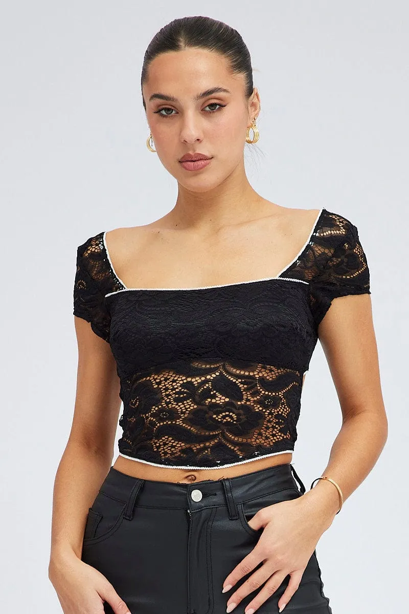 Black Lace Top Cap Sleeve Square Neck Open Back Stretch sold by Ally Fashion product image thumbnail 3