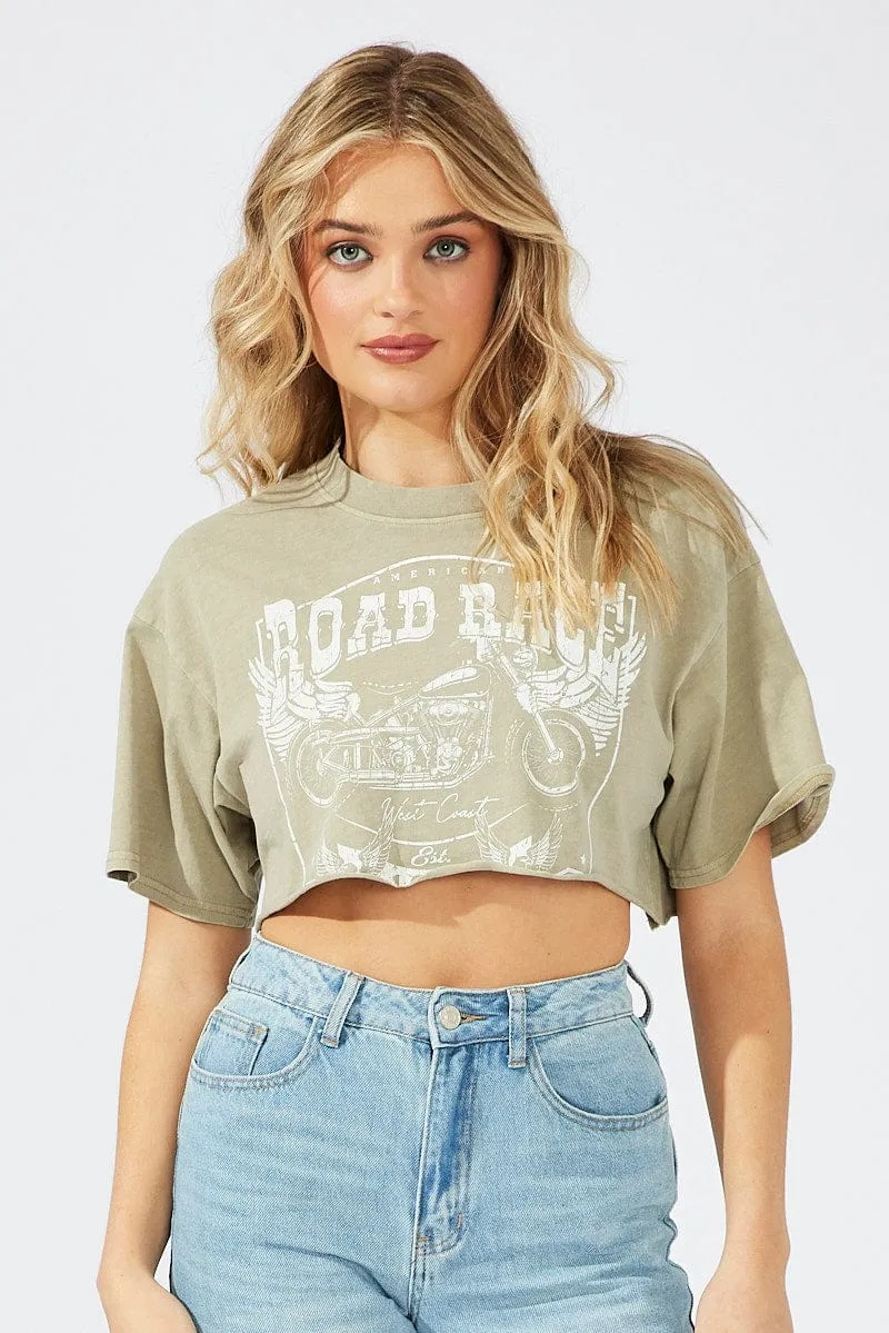 Green Graphic Tee Short Sleeve Crop Round Neck sold by Ally Fashion product image thumbnail 3
