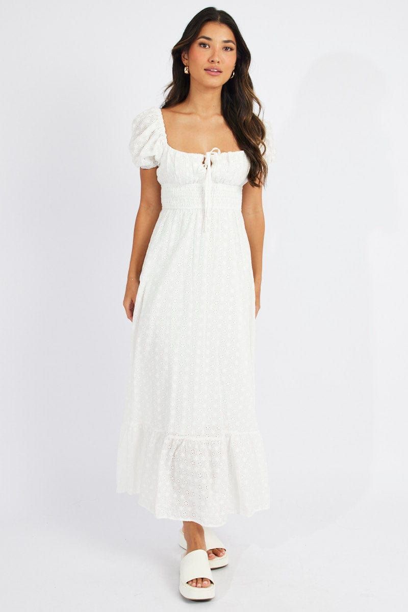 White Maxi Dress Puff Sleeve Eyelet sold by Ally Fashion product image thumbnail 2