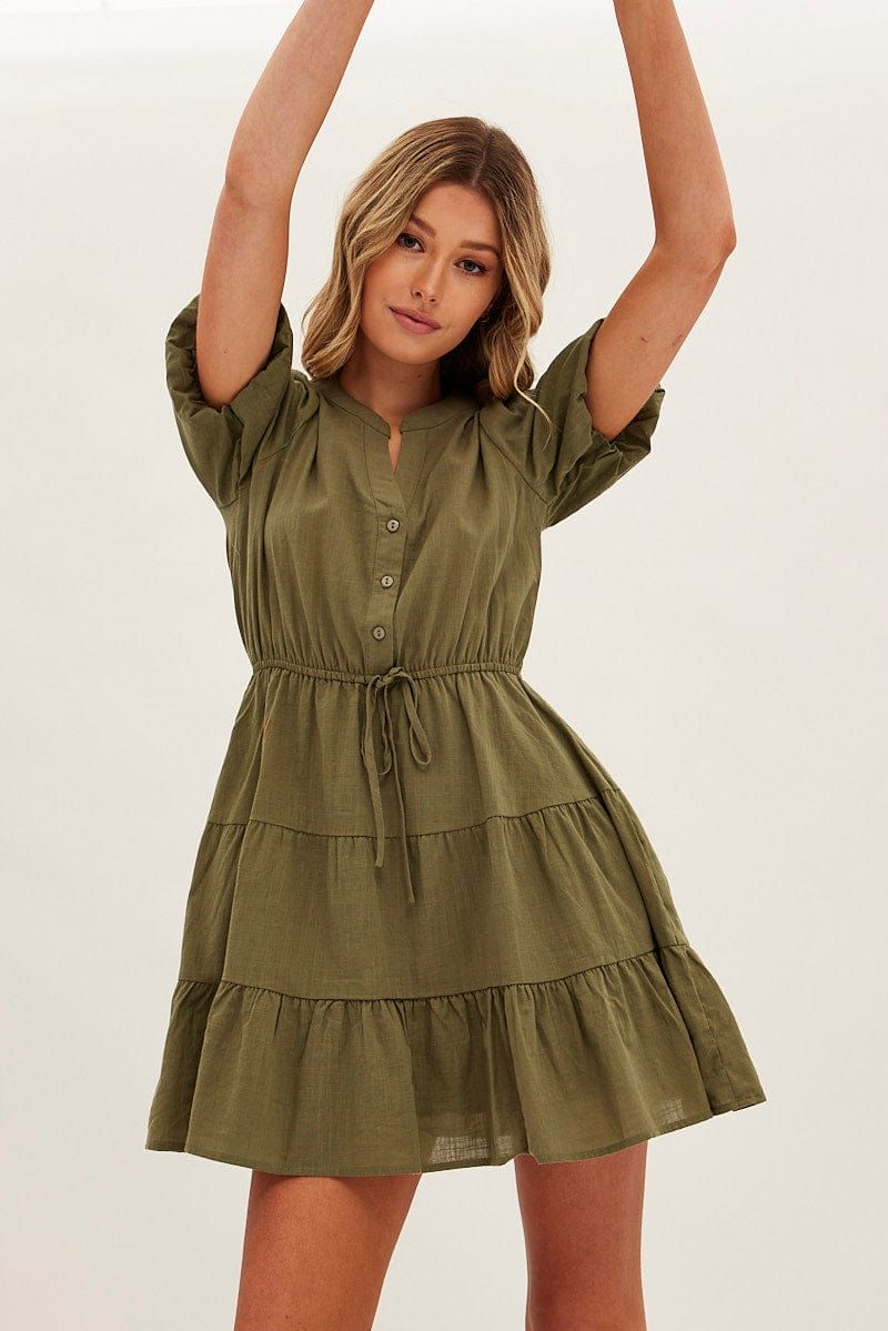 Green Shirt Dress Short Sleeve V-Neck Tiered sold by Ally Fashion
