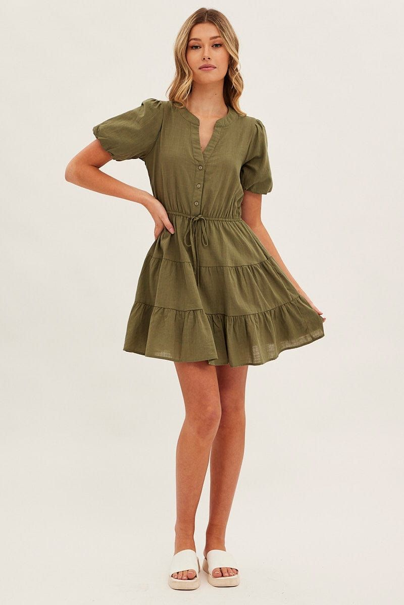Green Shirt Dress Short Sleeve V-Neck Tiered sold by Ally Fashion product image thumbnail 2