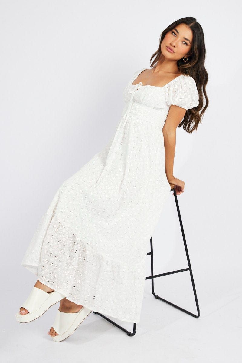 White Maxi Dress Puff Sleeve Eyelet sold by Ally Fashion