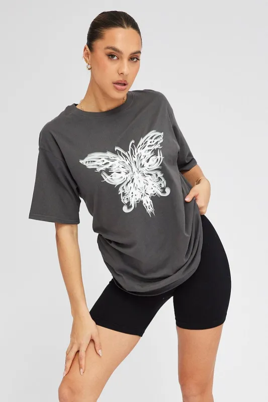 Grey Graphic Tee Short Sleeve Oversized Round Neck sold by Ally Fashion