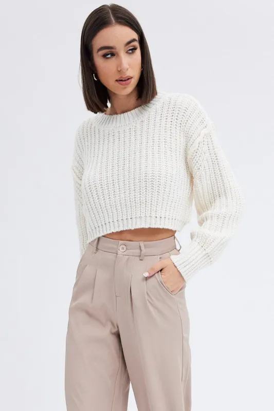 White Knit Top Round Neck Long Sleeve Crop sold by Ally Fashion