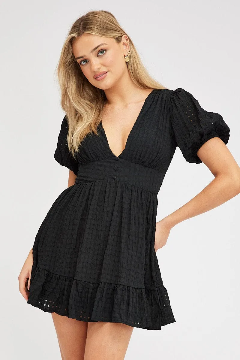 Black Fit And Flare Dress Puff Sleeve Mini sold by Ally Fashion