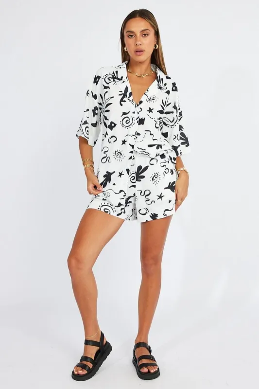 White Abstract Shirt Short Sleeve sold by Ally Fashion