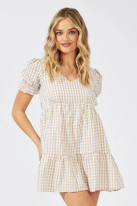 Beige Check Smock Dress Short Sleeve Tiered sold by Ally Fashion