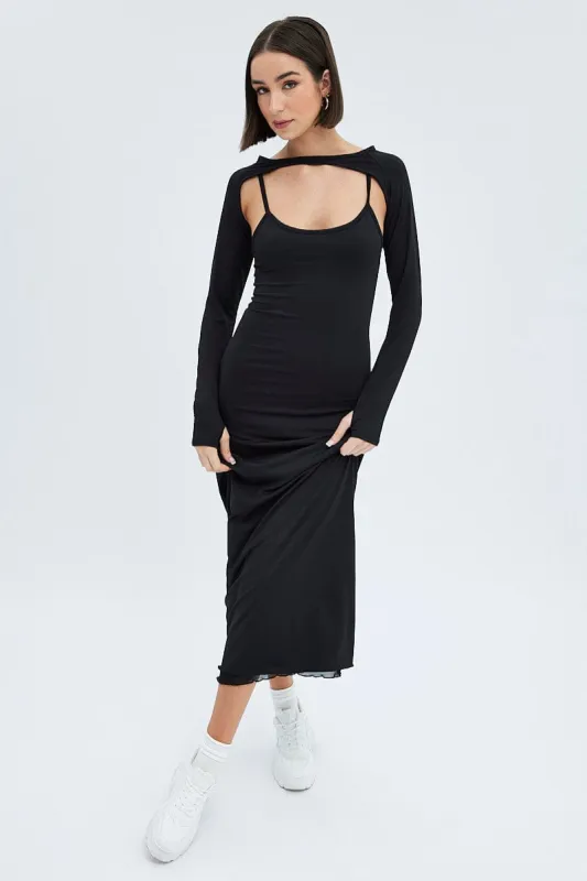 Black Shrug & Dress Set Long Sleeve Maxi Bodycon Jersey sold by Ally Fashion