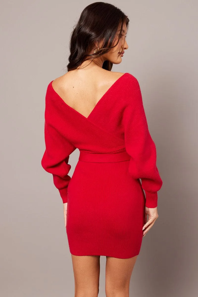 Red Knit Bodycon Dress Wrap Neck sold by Ally Fashion product image thumbnail 5