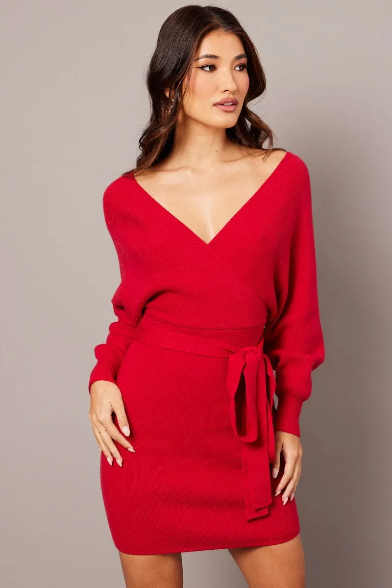 Red Knit Bodycon Dress Wrap Neck sold by Ally Fashion product image thumbnail 2