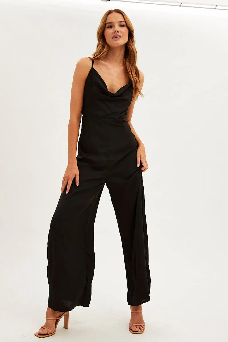 Black Wide Leg Jumpsuit Sleeveless Cowl Neck Satin sold by Ally Fashion product image thumbnail 3