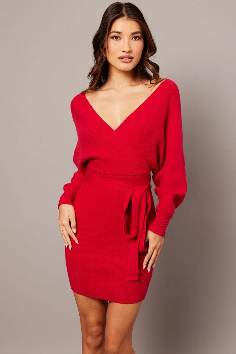 Red Knit Bodycon Dress Wrap Neck sold by Ally Fashion product image thumbnail 3