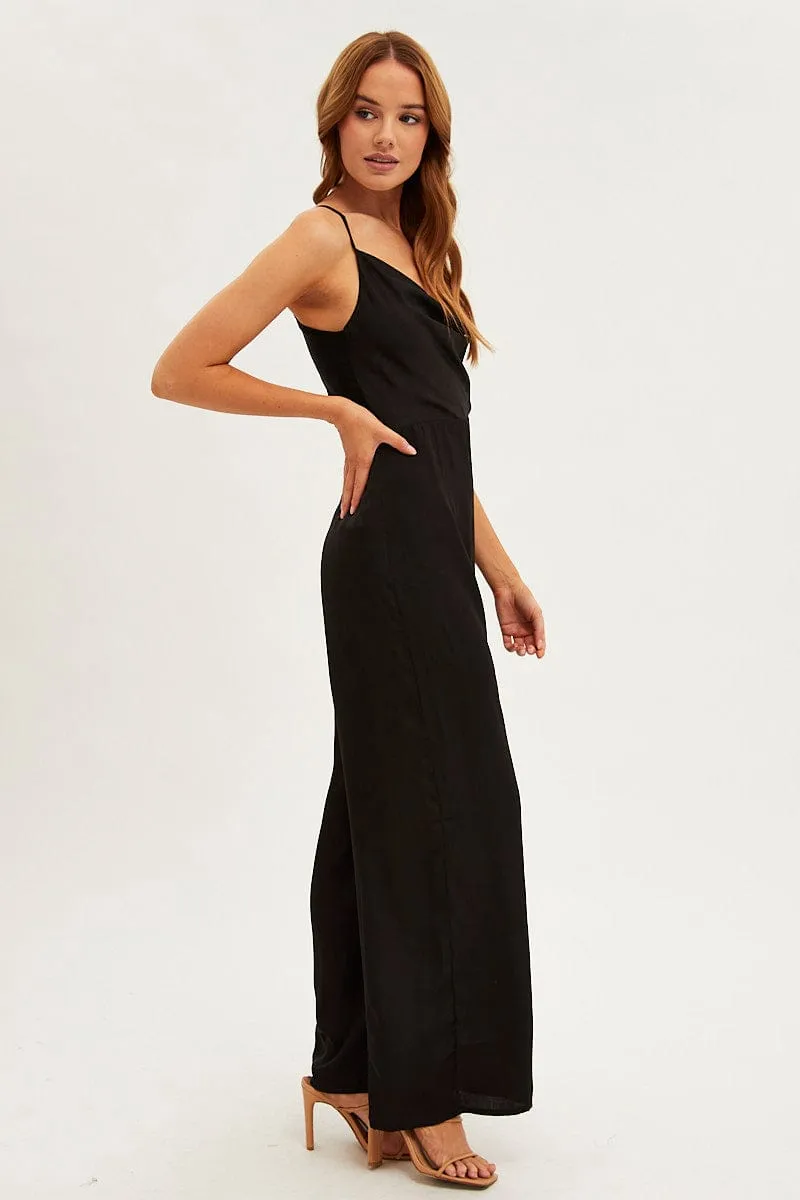 Black Wide Leg Jumpsuit Sleeveless Cowl Neck Satin sold by Ally Fashion product image thumbnail 4