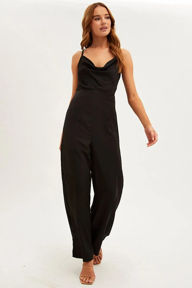 Black Wide Leg Jumpsuit Sleeveless Cowl Neck Satin sold by Ally Fashion
