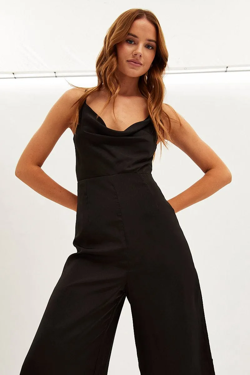 Black Wide Leg Jumpsuit Sleeveless Cowl Neck Satin sold by Ally Fashion product image thumbnail 2