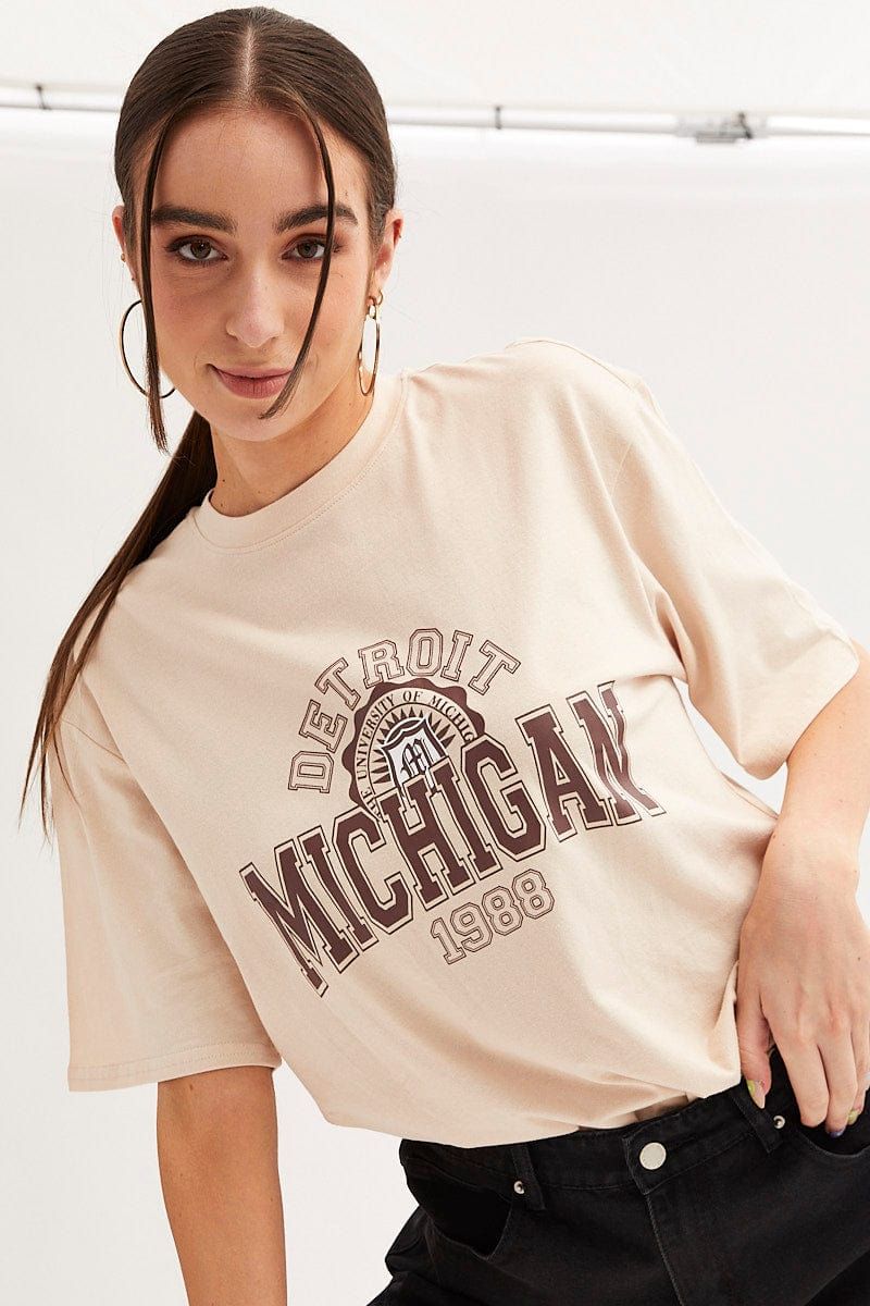 Beige Michigan Graphic T Shirt Short Sleeve Crew Neck sold by Ally Fashion