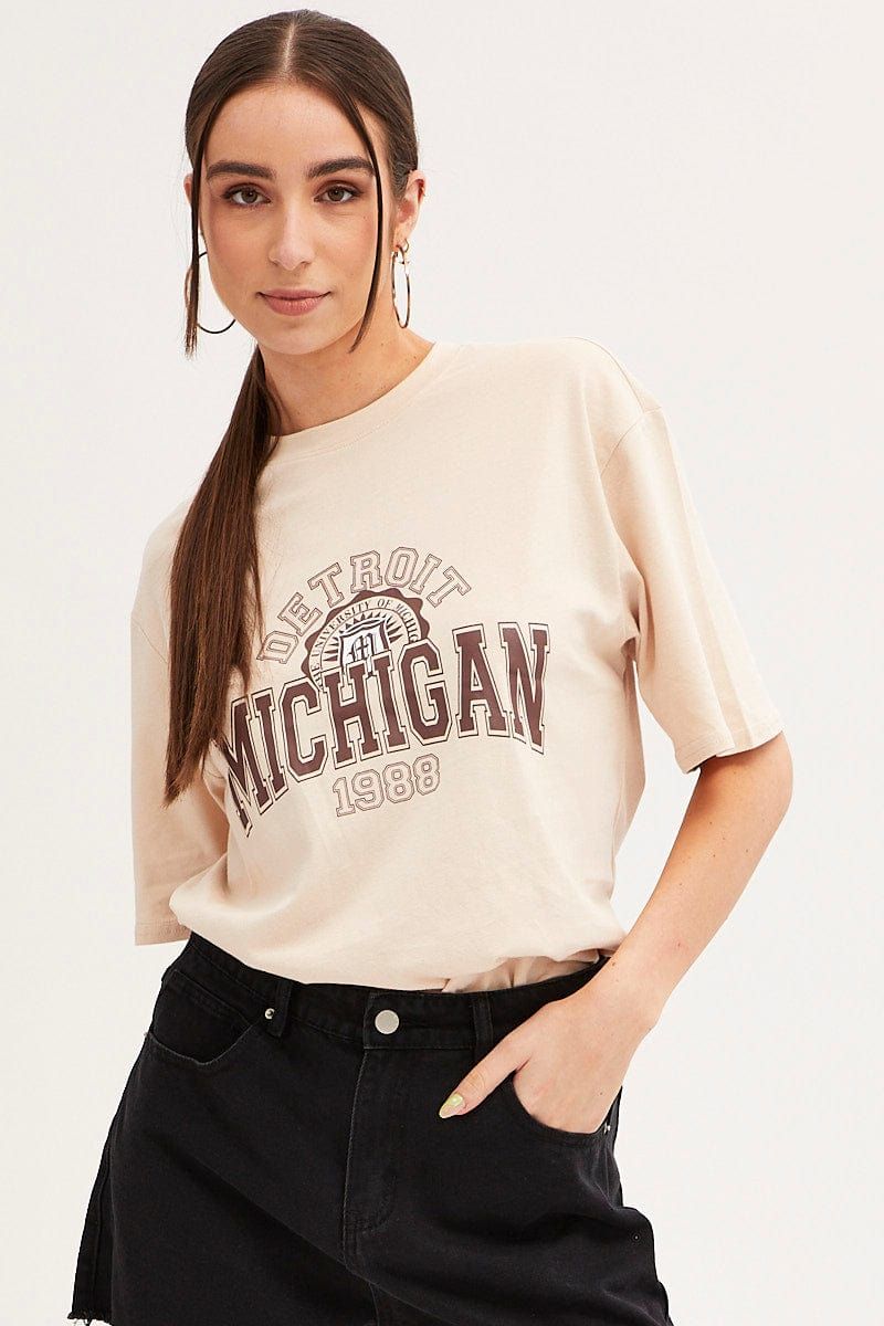 Beige Michigan Graphic T Shirt Short Sleeve Crew Neck sold by Ally Fashion product image thumbnail 3