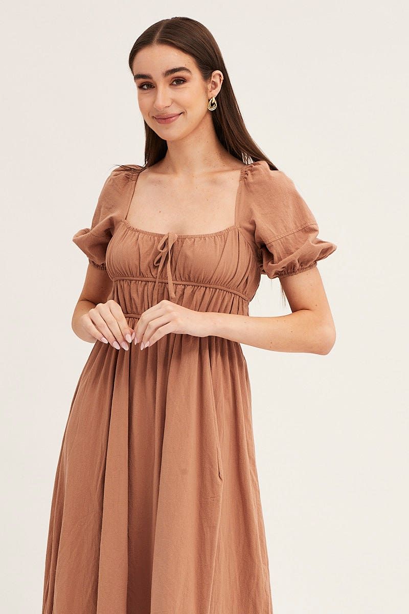 Brown Short Sleeve Ruched Midi Dress sold by Ally Fashion product image thumbnail 2