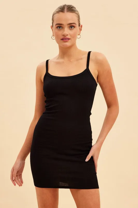 Black Prea Rib Bind Detail Crew Neck Tank Dress sold by Ally Fashion