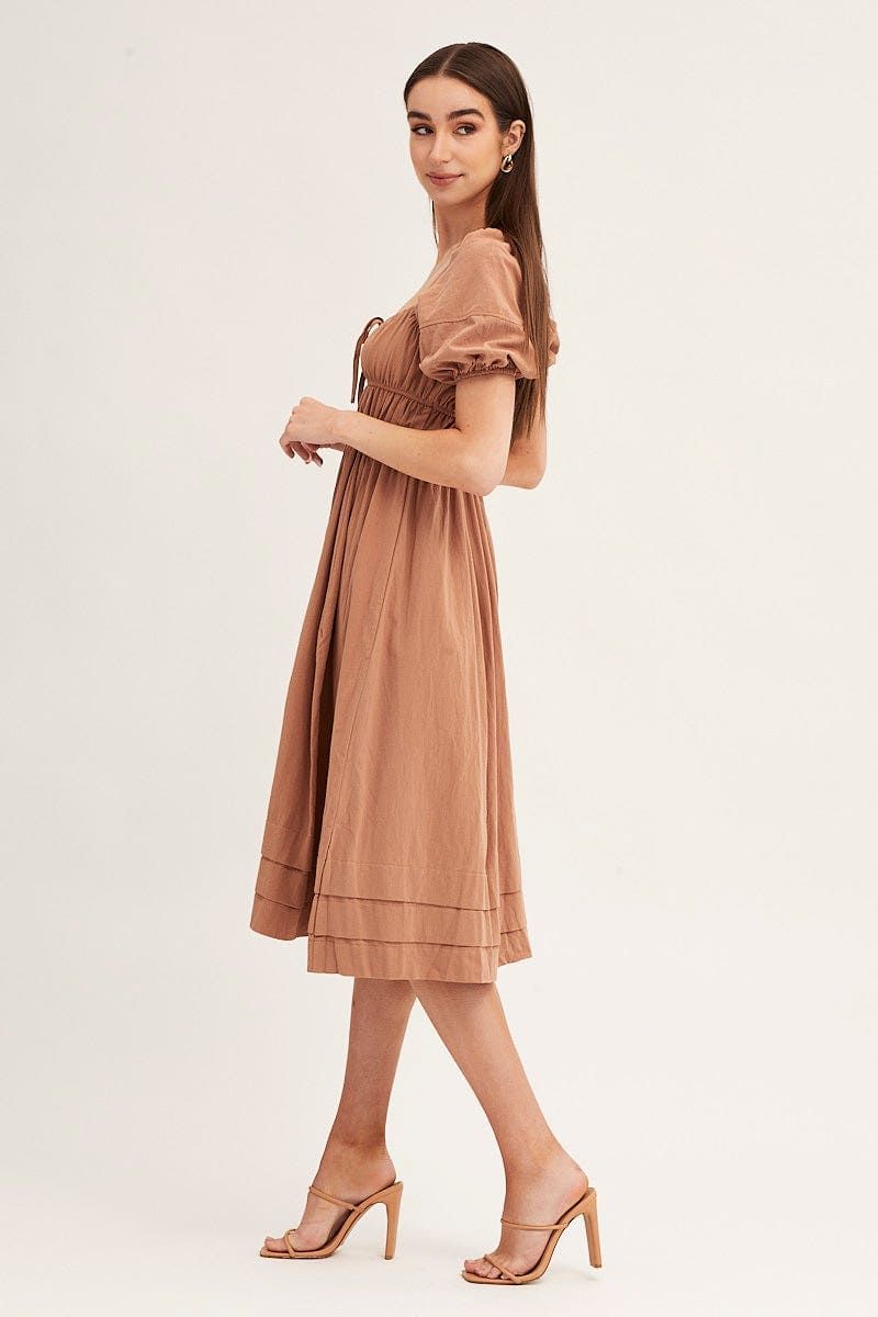 Brown Short Sleeve Ruched Midi Dress sold by Ally Fashion product image thumbnail 4