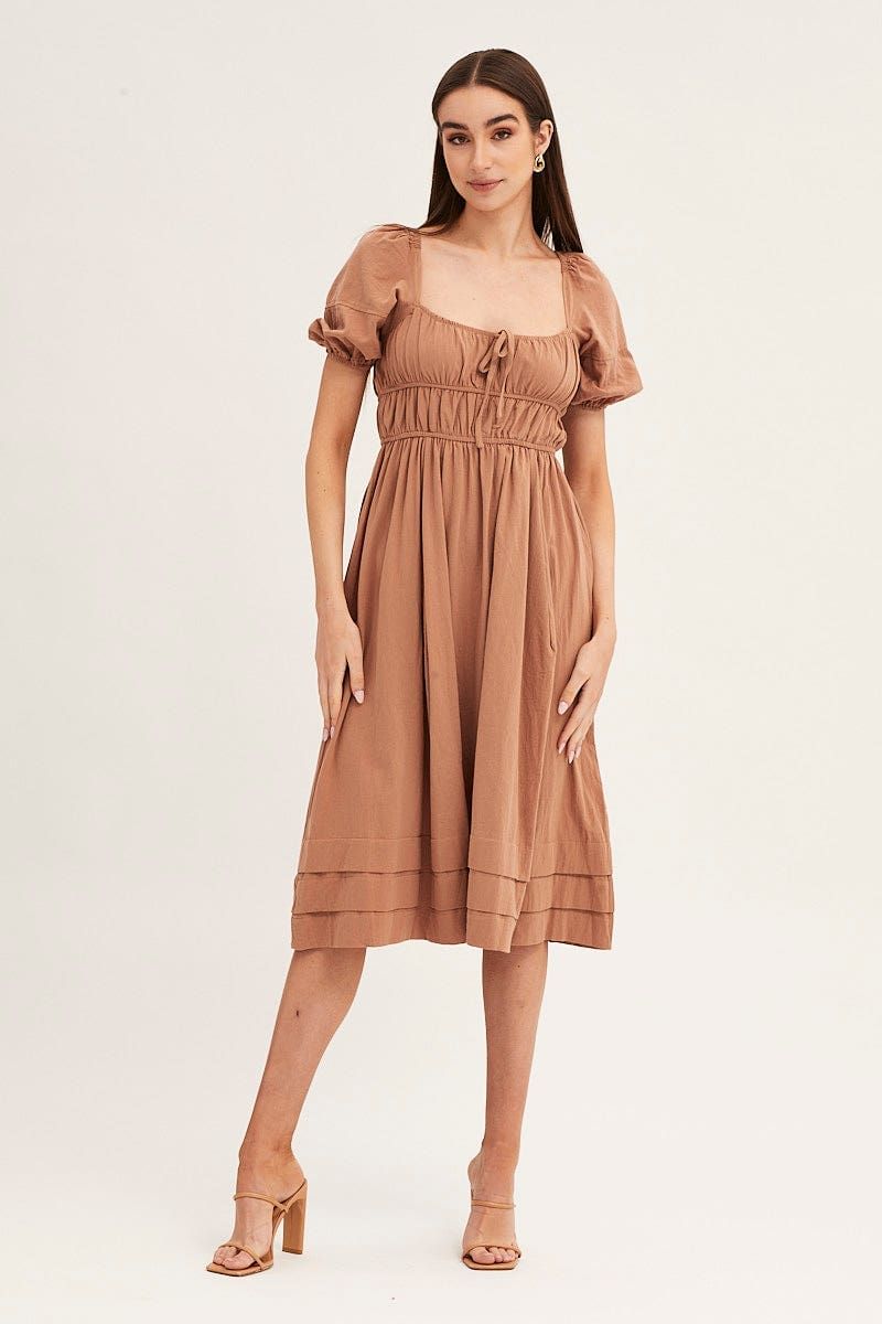 Brown Short Sleeve Ruched Midi Dress sold by Ally Fashion product image thumbnail 3